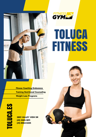Gym Promotion with Woman with Equipment Poster Design Template