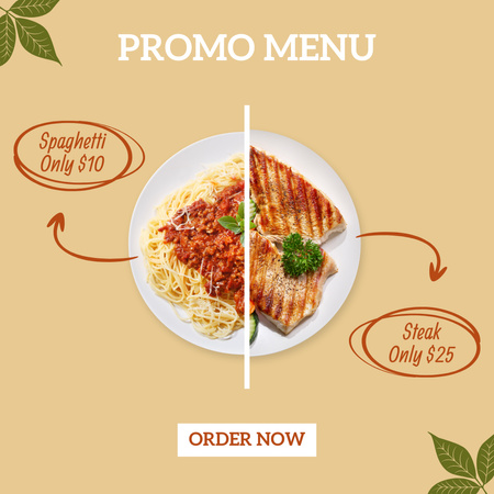 Ontwerpsjabloon van Instagram van Food Menu Offer with Spaghetti and Steak