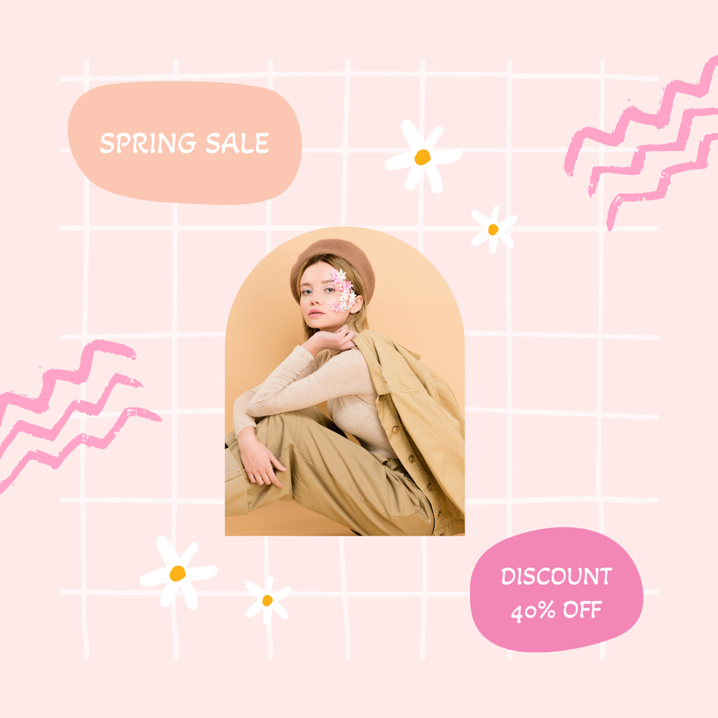 Spring Fashion Sale Offer with Woman in Cute Brown Beret Instagram Design Template