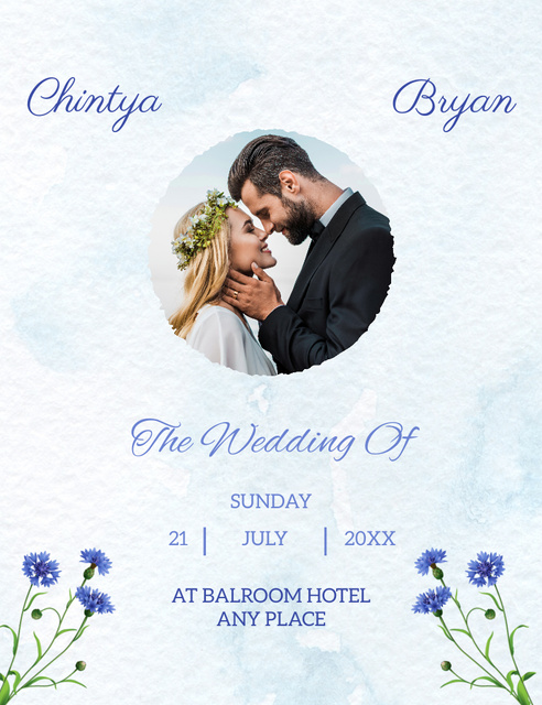 Wedding Celebration Announcement with Blue Watercolor Flowers Invitation 13.9x10.7cm Design Template
