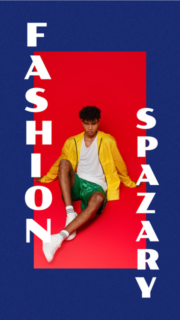 Fashion Ad with Stylish Young Guy on Blue Instagram Story Πρότυπο σχεδίασης