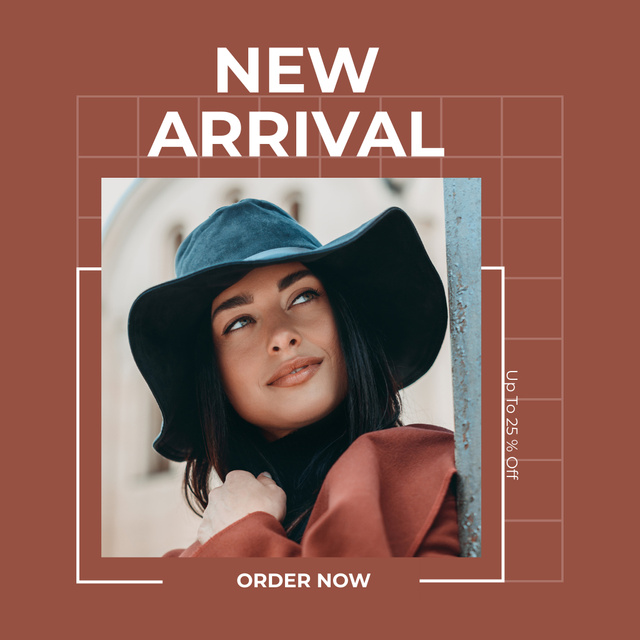 Designvorlage New Arrival Offer with Stylish Woman in Hat für Instagram