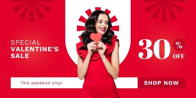 Valentine's Day Sale with Beautiful Woman in Red Twitter Tasarım Şablonu