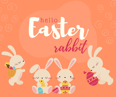 Easter Holiday Celebration Announcement with Pretty Rabbits Facebook Tasarım Şablonu