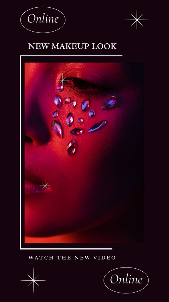 Woman with Crystals on her Face for New Makeup Look Instagram Story Modelo de Design