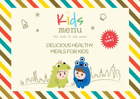 Designvorlage Kids Menu Offer for Cute Cartoon Children and Stripes für Flyer A5 Horizontal