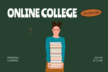 Online College Apply Announcement with Girl with Books Flyer 4x6in Horizontal Design Template