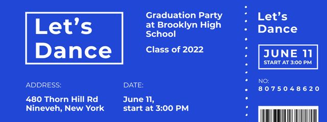 Graduation Party Announcement on Blue Ticket Design Template