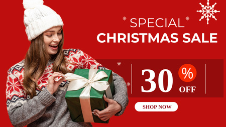 Happy Woman with Gift Box on Christmas Sale Red Youtube Thumbnail Šablona návrhu