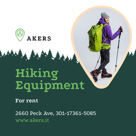 Hiking Equipment Ad with Backpacker Woman Square 65x65mm Design Template