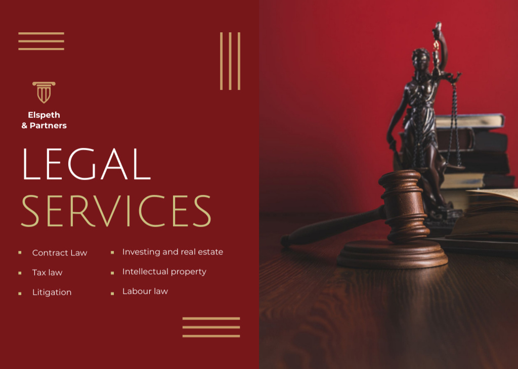 Designvorlage Legal Services Ad with Themis Statuette für Flyer 5x7in Horizontal