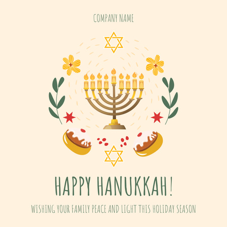 Hanukkah Holiday Greeting with Menorah and Doughnuts Instagramデザインテンプレート