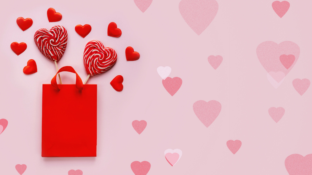 Valentine's Day with Heart-Shaped Candy in Gift Bag Zoom Background Tasarım Şablonu