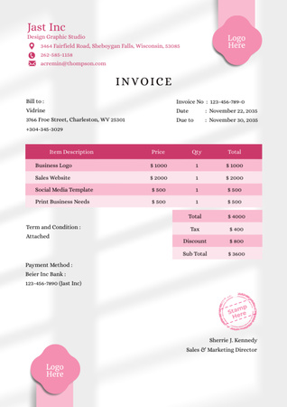 Szablon projektu Pink Minimalist Invoice for Design Graphic Studio Template Template Invoice