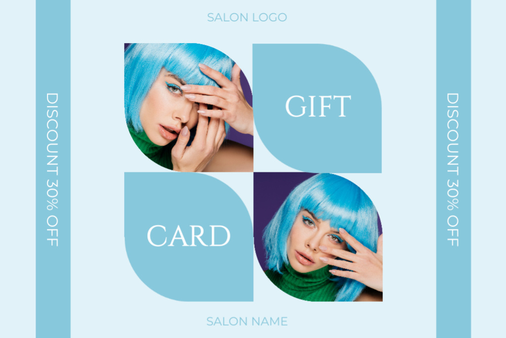 Beauty Salon Ad with Woman with Bright Blue Hair Gift Certificate Design Template