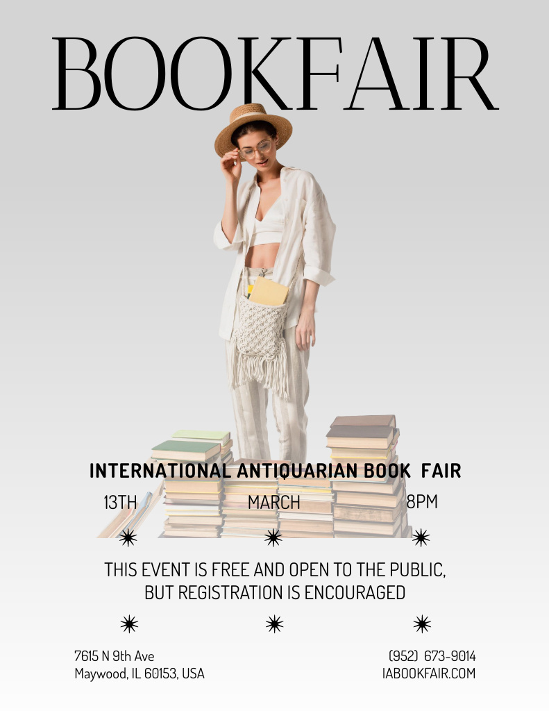 Book Fair Announcement with Stylish Woman Poster 8.5x11in tervezősablon