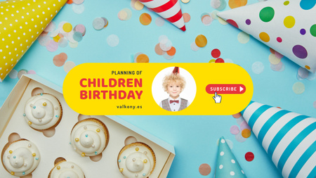 Planejamento de aniversário para crianças com cupcakes e confetes Youtube Modelo de Design