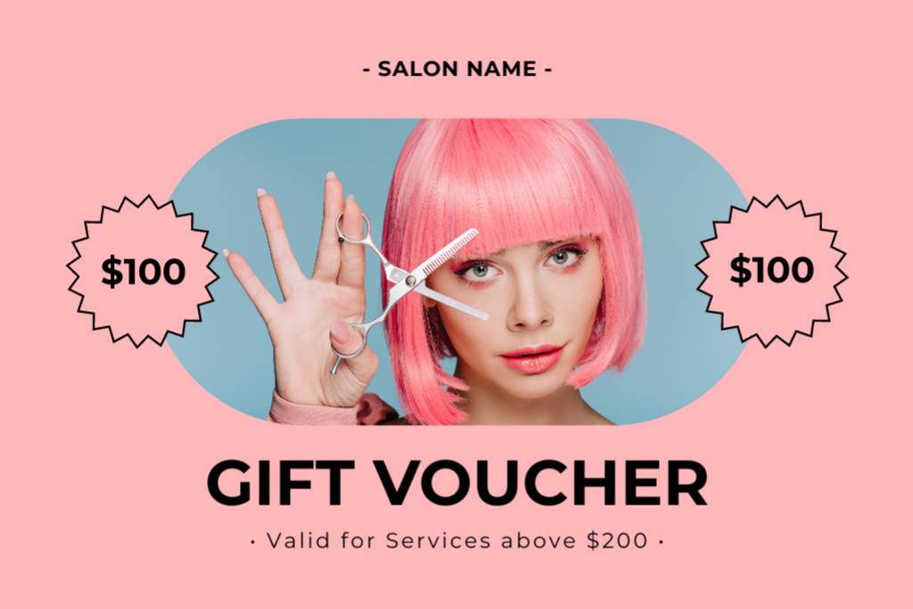 Beauty Salon Ad with Woman holding Scissors Gift Certificate Design Template