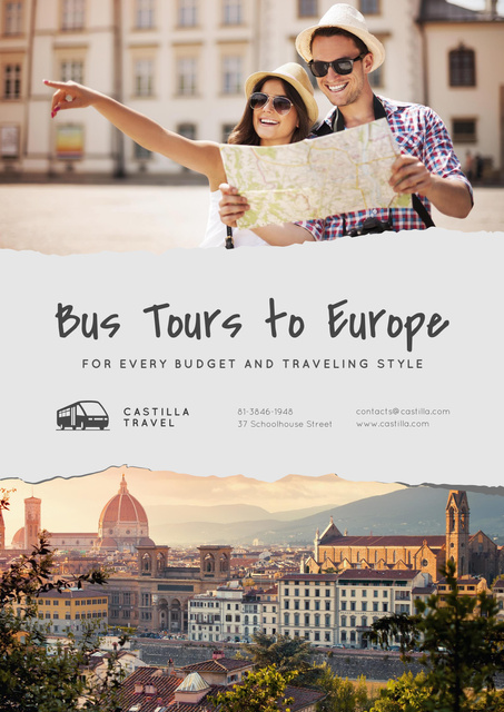 Bus Tours to Europe Offer with Travellers in city Poster Design Template