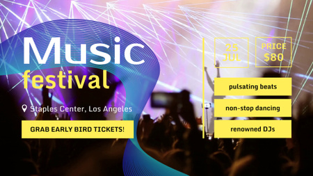 Anúncio de festival de música com luzes neon brilhantes em um palco Full HD video Modelo de Design