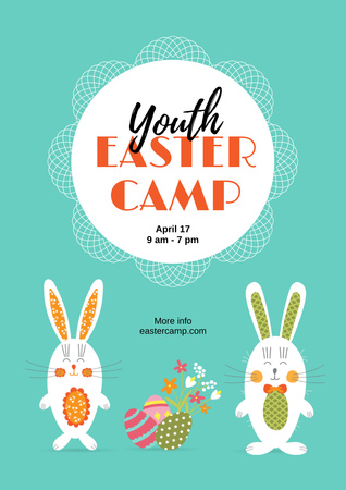 Youth Easter Camp Ad with Cute Bunnies Poster A3 Design Template