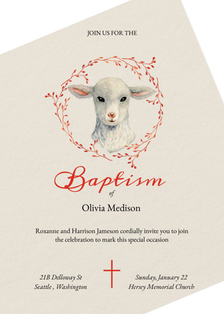 Baptism Ceremony Announcement with Cute Lamb Invitation Design Template