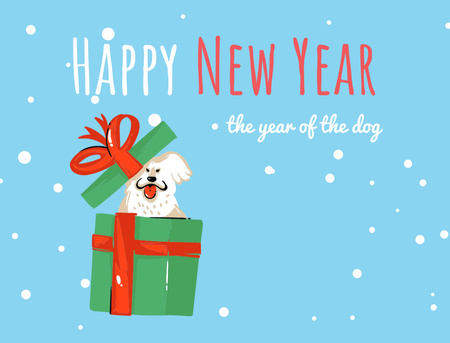 Plantilla de diseño de New Year Greeting With Puppy In Box Postcard 4.2x5.5in 