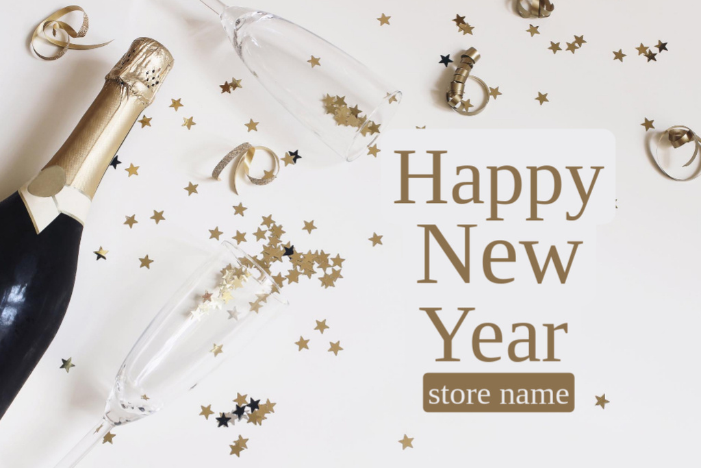 Plantilla de diseño de New Year Greeting with Bottle of Champagne Postcard 4x6in 