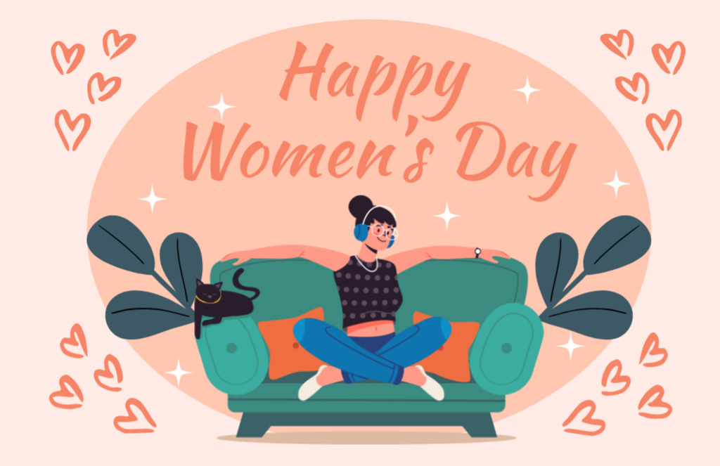 Women's Day Greeting with Illustration in Peach Color Thank You Card 5.5x8.5in Tasarım Şablonu