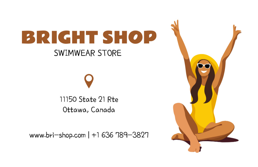 Swimwear Shop with Attractive Woman on Beach Business Card 85x55mm Design Template