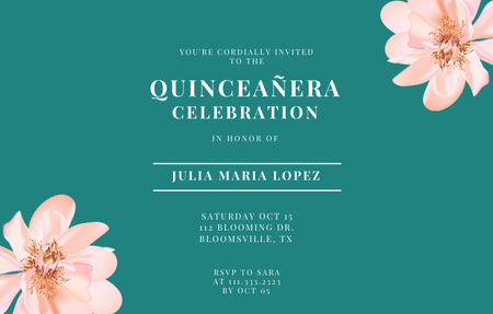 Template di design Incantevole annuncio di celebrazione della Quinceañera con fiori Invitation 4.6x7.2in Horizontal
