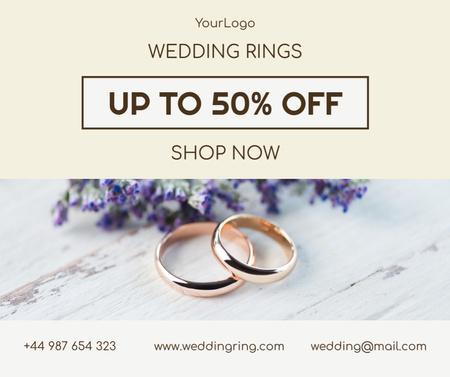 Jewelry Offer with Gold Wedding Rings and Blue Flowers Facebook Design Template