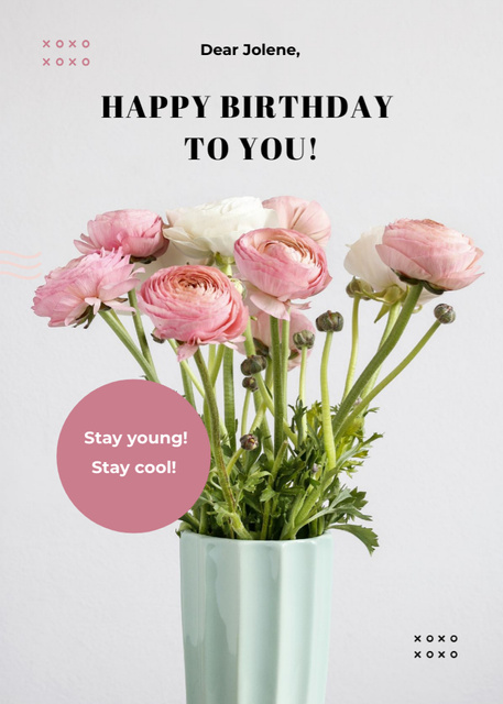 Designvorlage Birthday Greeting with Pink Flowers In Vase für Postcard 5x7in Vertical