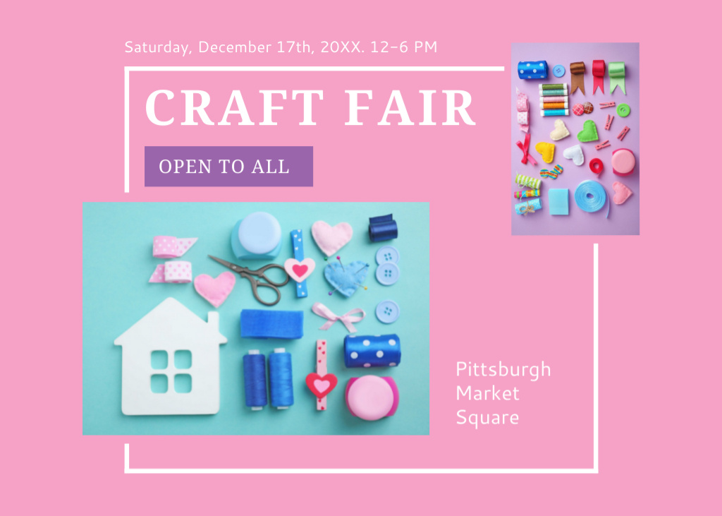 Designvorlage Craft Fair Announcement With Needlework Tools on Pink Background für Postcard 5x7in