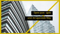 Building Company Ad with Glass Skyscraper in Yellow Frame