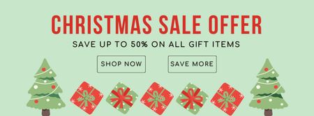 Christmas Sale Offer with Holiday Tree and Gift Boxes Facebook cover Design Template
