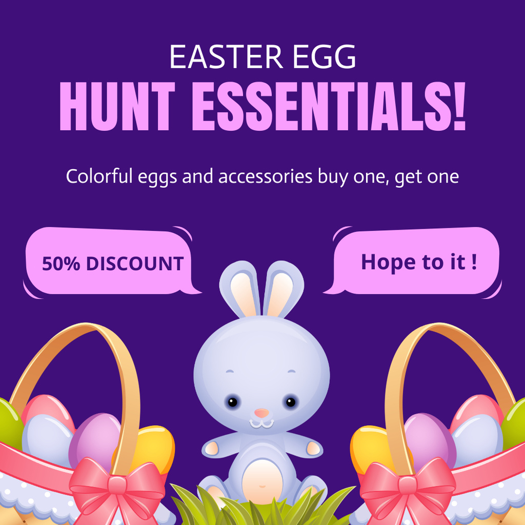 Illustration of Cute Easter Bunny with Eggs in Basket Instagram – шаблон для дизайна
