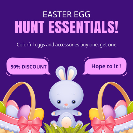 Illustration of Cute Easter Bunny with Eggs in Basket Instagram Design Template