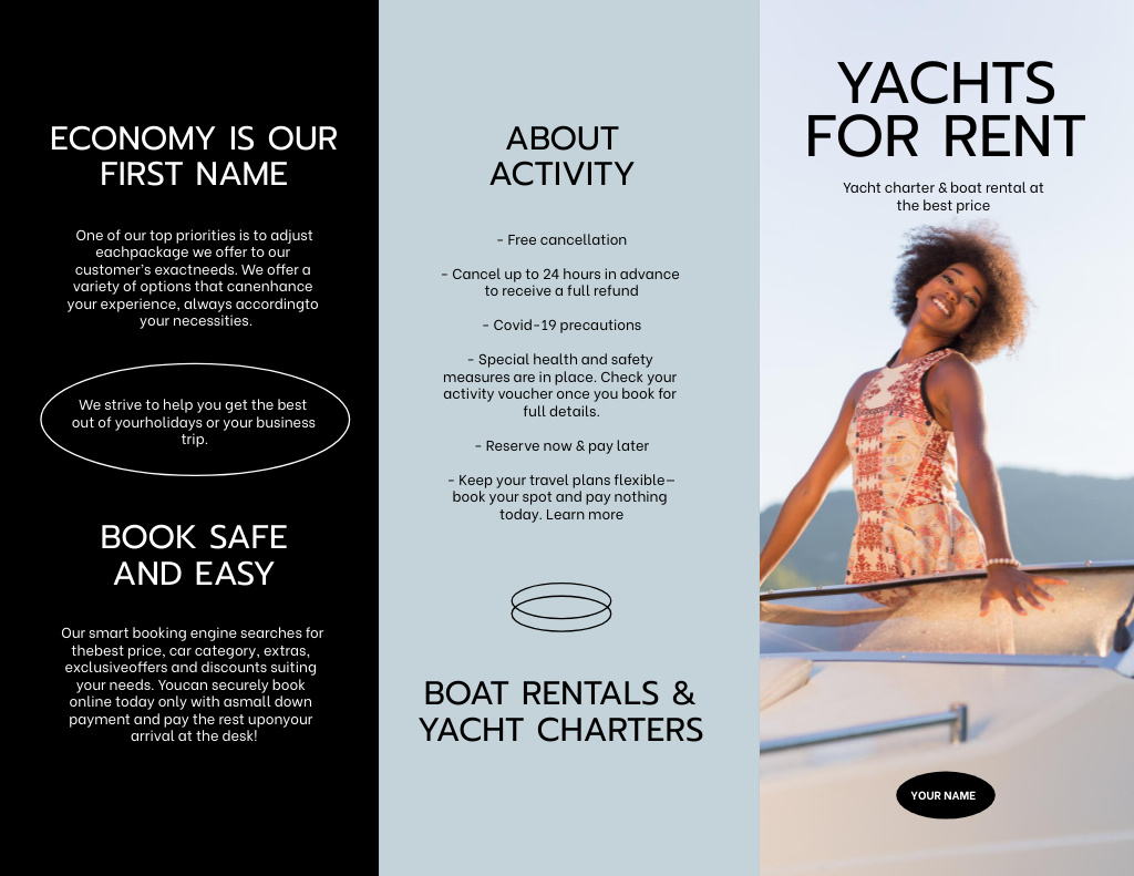 Platilla de diseño Yacht Rent Offer with Smiling Black Woman Brochure 8.5x11in Z-fold