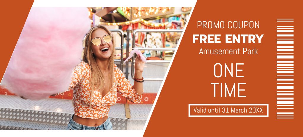 Offer of Free Entry Amusement Park with Cheerful Woman Coupon 3.75x8.25in Tasarım Şablonu