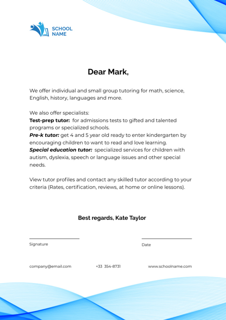 Letter of Tutors Services Description Letterhead Modelo de Design