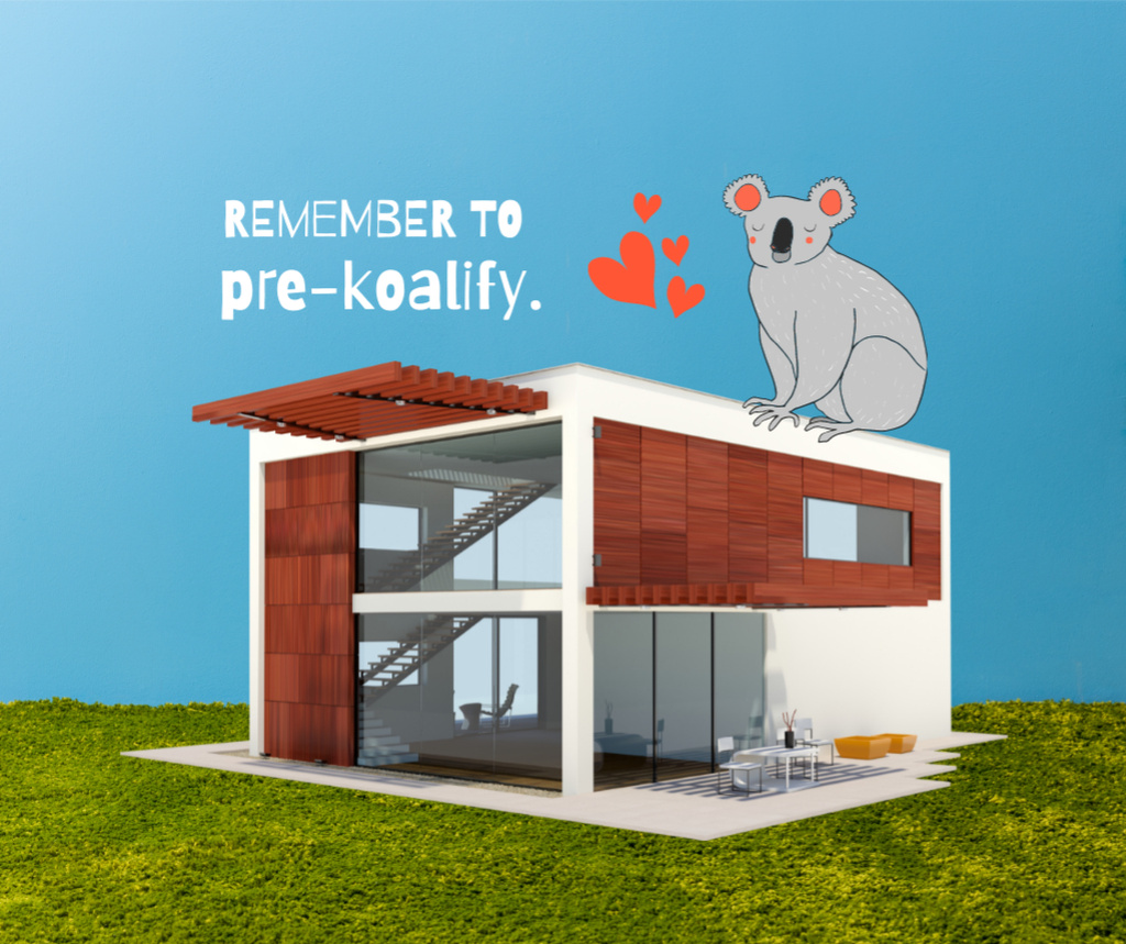Real Estate Ad with Cute Koala sitting on House Facebookデザインテンプレート