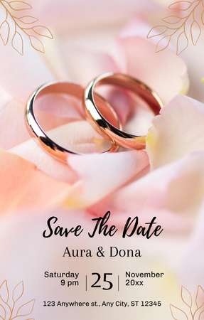 Ontwerpsjabloon van Invitation 4.6x7.2in van Wedding Announcement with Golden Rings on Rose Petals