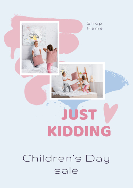 Children's Day Sale Ad with Pillow Fight Postcard A6 Vertical Design Template
