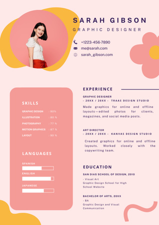 Művészeti igazgató és grafikus tervező készségek rózsaszínben Resume tervezősablon