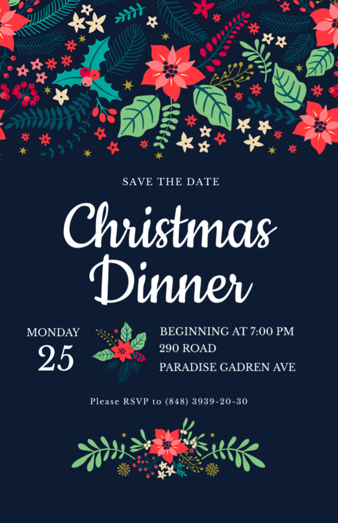 Christmas Dinner Announcement With Illustrated Bright Flowers Invitation 5.5x8.5in Design Template