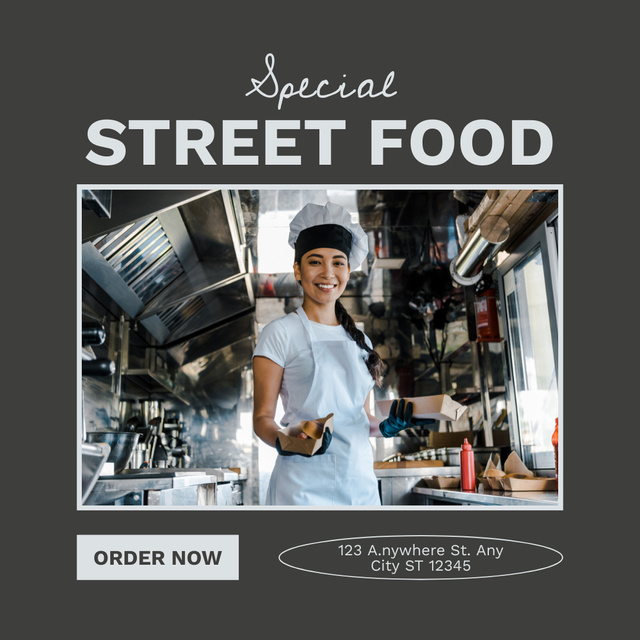 Young Woman Cooking in Street Food Truck Instagram – шаблон для дизайна