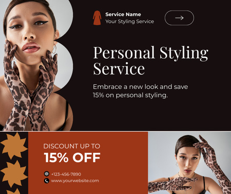 Plantilla de diseño de Oferta de servicio de estilismo personal en negro y marrón Facebook 
