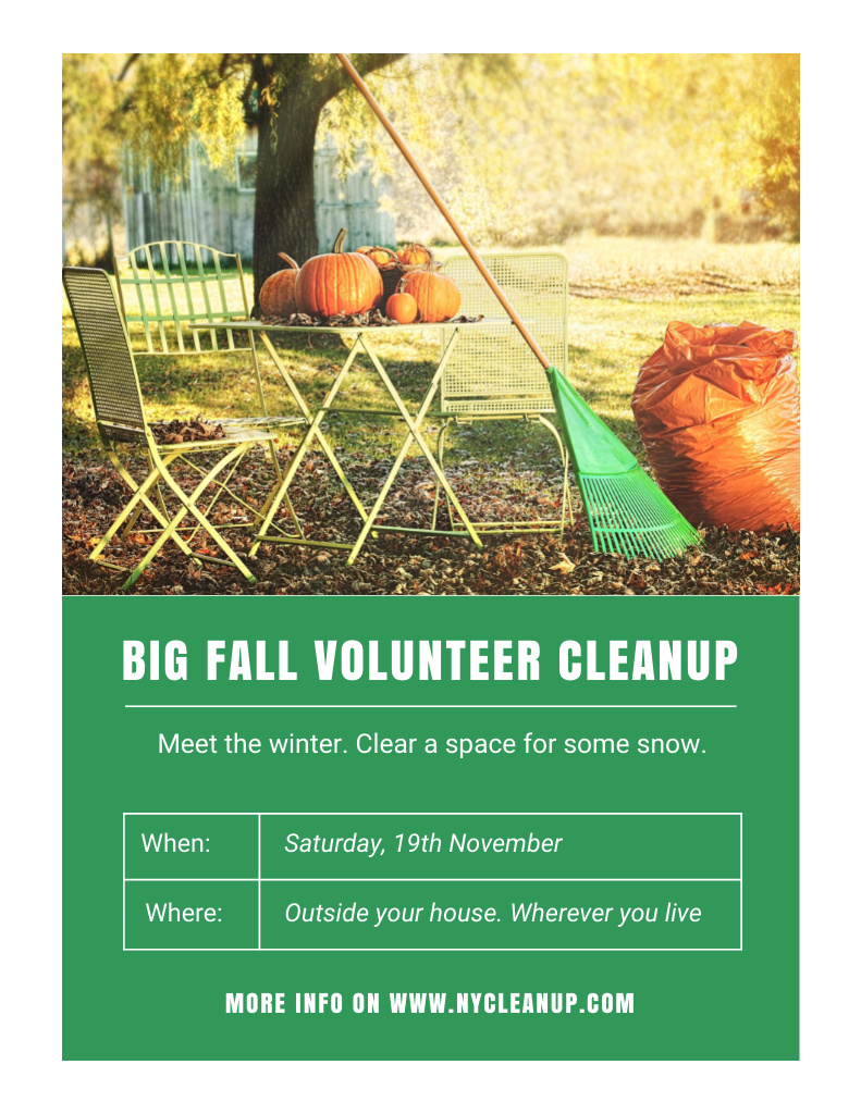 Volunteer Cleanup with Ripe Pumpkins in Autumn Garden Poster 8.5x11in Design Template