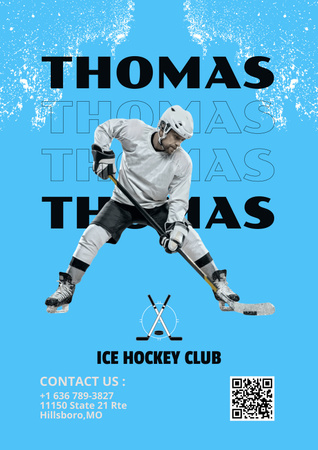 Urheiluseuramainos, jossa on jääkiekkopelaaja Poster Design Template